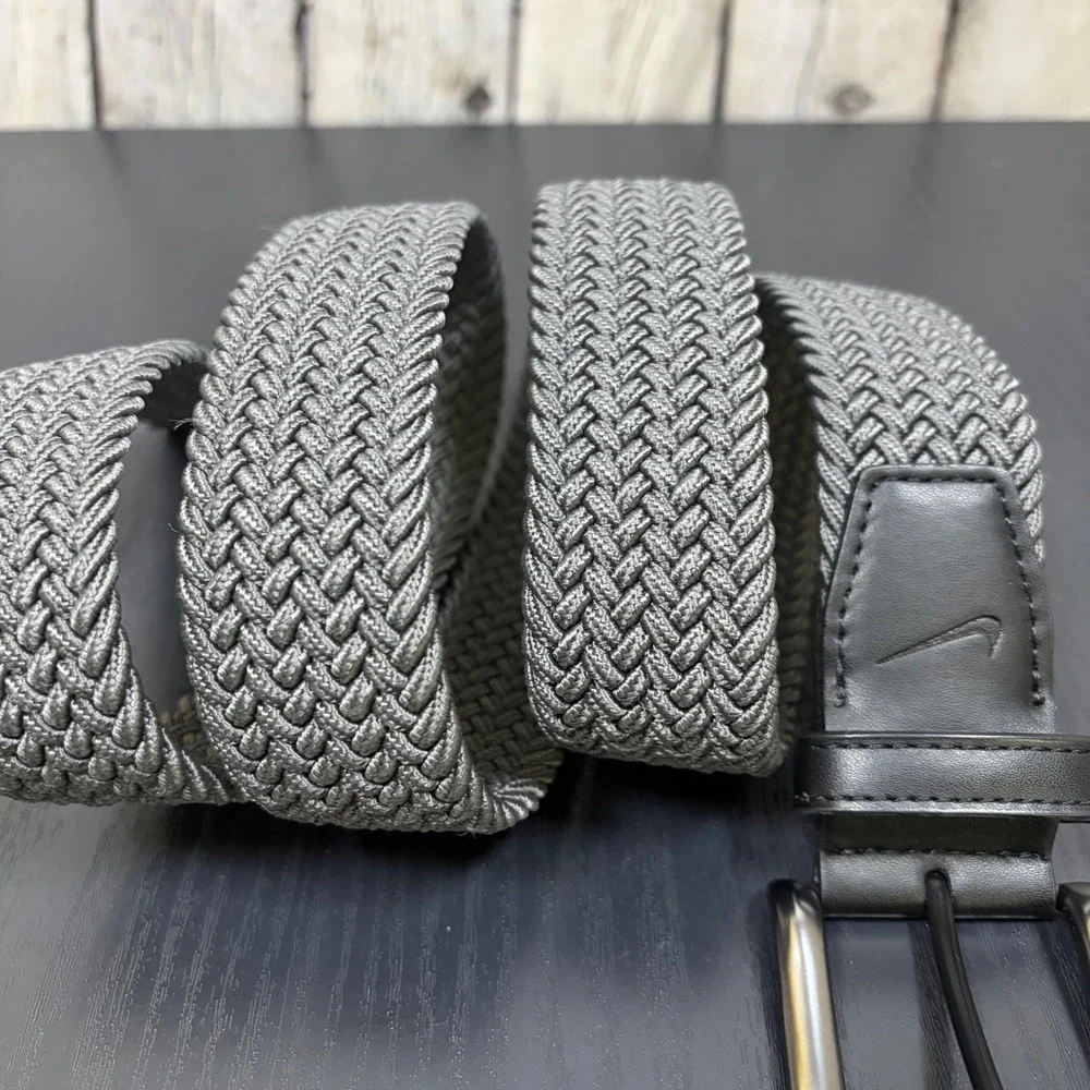 Nike Mens Woven Stretch Belt Gray Braided Golf Athletic Swoosh Logo Buckle w-38